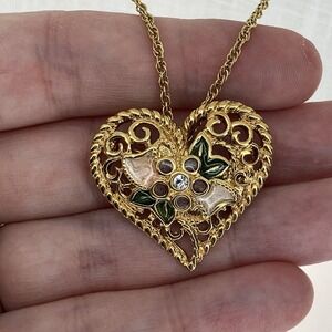 Vtg. Avon I Love You Heart Pendant Brooch Necklace Rhinestone Enamel Romantic